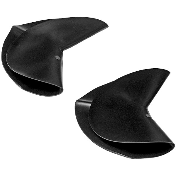 A pair of black plastic Oatey PVC dam corners.