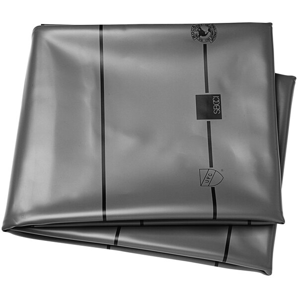 A folded grey plastic bag with black lines.