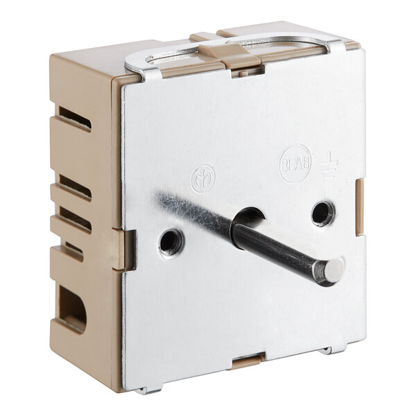 A metal box with a white and brown switch and a metal handle.