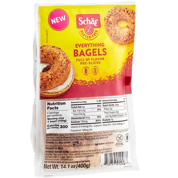 A bag of Schar Gluten-Free Everything Pre-Sliced Bagels.
