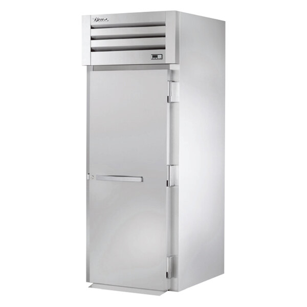 A white rectangular True holding cabinet with a stainless steel door with a black handle.