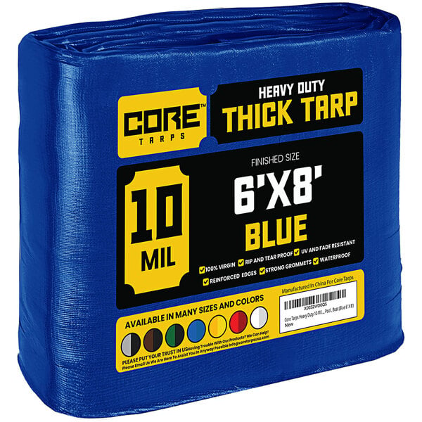 A blue Core 10' x 6' heavy-duty weatherproof tarp with reinforced edges.