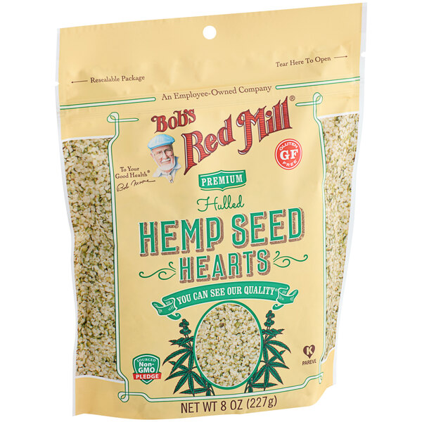 A bag of Bob's Red Mill hulled hemp seed hearts.