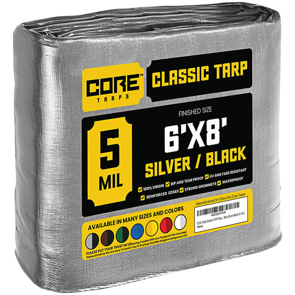 A roll of Core silver and black weatherproof poly tarp with yellow and black text on the label.