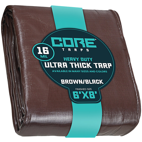 A brown Core Extra Heavy-Duty Weatherproof Poly Tarp with black reinforced edges and blue label.