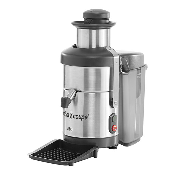 A silver and black Robot Coupe J80 automatic juicer with a lid on it.