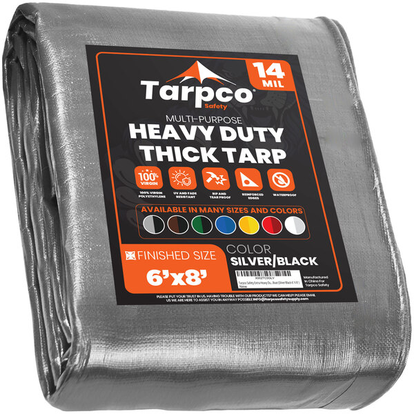 A Tarpco heavy-duty weatherproof poly tarp in packaging with silver and black accents.