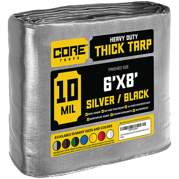 A close up of a silver and black Core heavy-duty poly tarp with reinforced edges.