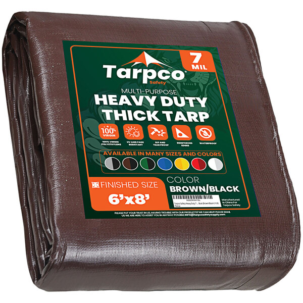 A brown and black Tarpco heavy-duty poly tarp with reinforced edges.