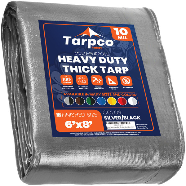A Tarpco heavy-duty weatherproof poly tarp in silver and black packaging.