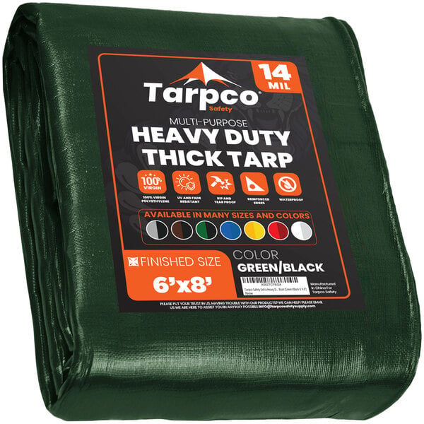 A green Tarpco heavy-duty tarp with reinforced edges.