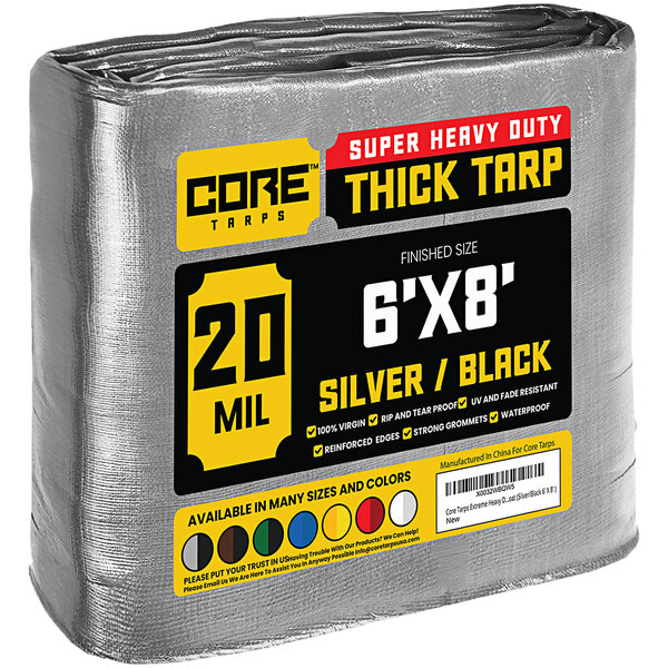 A large roll of Core silver and black heavy-duty weatherproof tarp with a label.