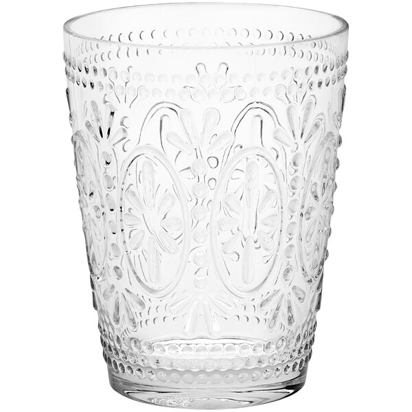 An American Metalcraft Tritan plastic double old fashioned glass with a design on it.