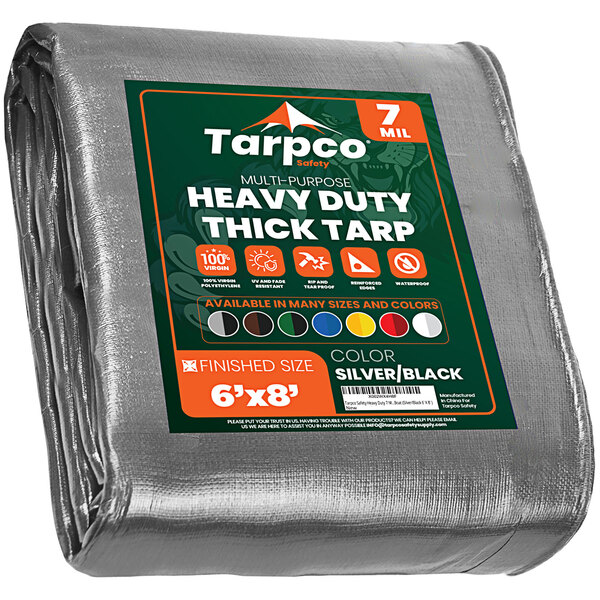 A silver and black Tarpco heavy-duty poly tarp with reinforced edges.