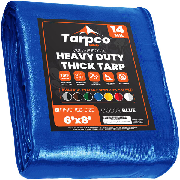 A blue Tarpco heavy-duty weatherproof tarp with black and white text.