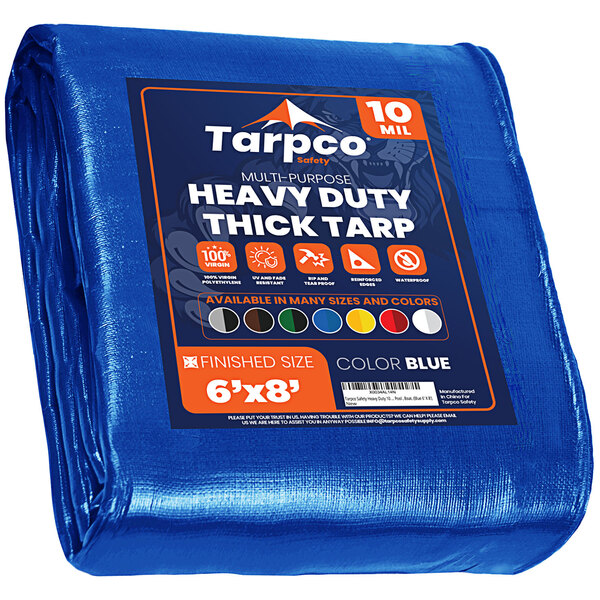 A blue Tarpco heavy-duty weatherproof tarp with reinforced edges.