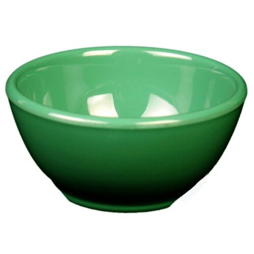 A green Thunder Group melamine soup bowl.
