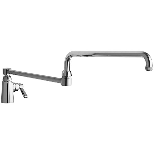 A Chicago Faucets deck-mounted sink faucet with a long double-jointed swing spout.