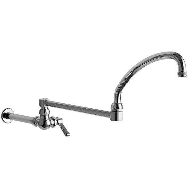 A silver Chicago Faucets wall-mounted wok filler faucet with a double-jointed swing spout.