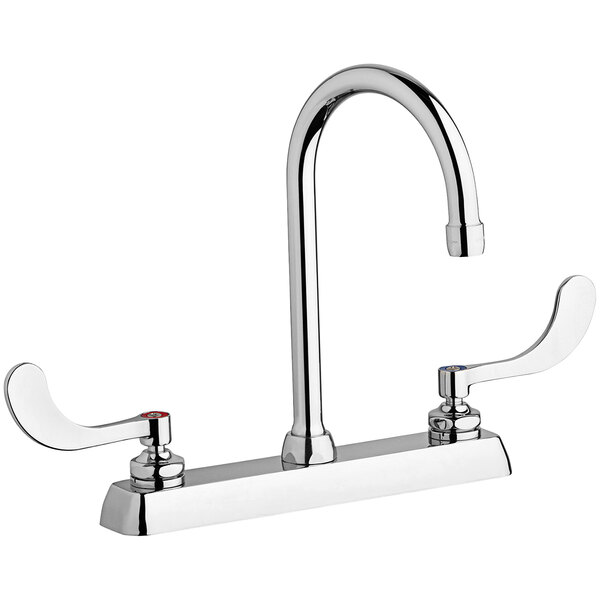 A silver Chicago Faucets deck-mounted faucet with two handles and a gooseneck spout.