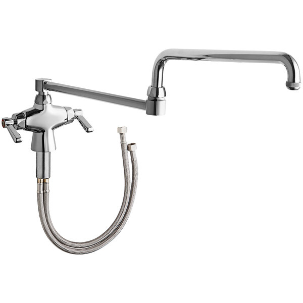 A Chicago Faucets chrome deck-mounted sink faucet with a 24" double-jointed swing spout and hose.