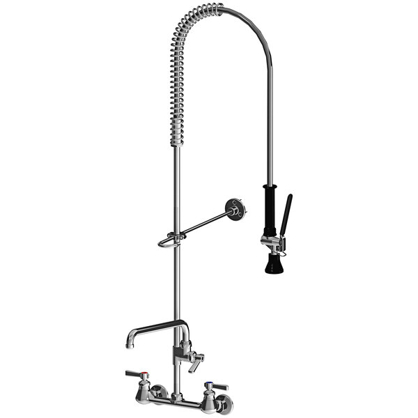 A Chicago Faucets pre-rinse faucet with an L-type swing spout and a hand held sprayer hose.