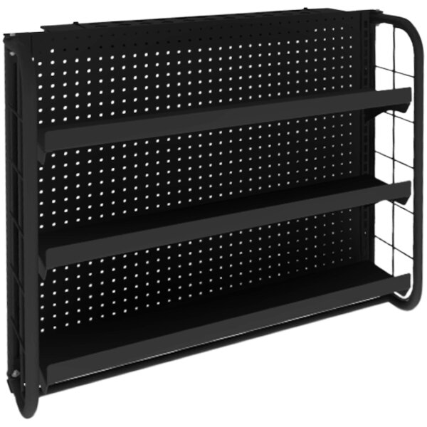 A black metal Marco Company half-height refrigerator end cap merchandising display shelf with 3 adjustable shelves.