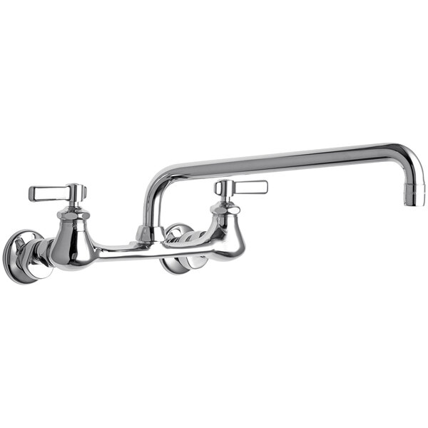 A chrome Chicago Faucets wall-mounted sink faucet with two handles.