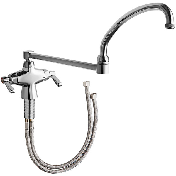 A Chicago Faucets deck-mounted sink faucet with a double-jointed swing spout and hose.