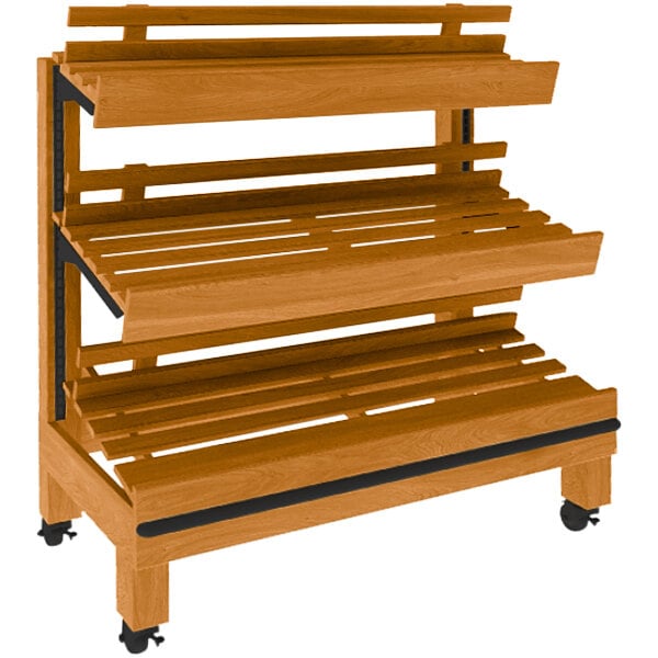 A Marco Company wooden rack with three shelves on wheels.