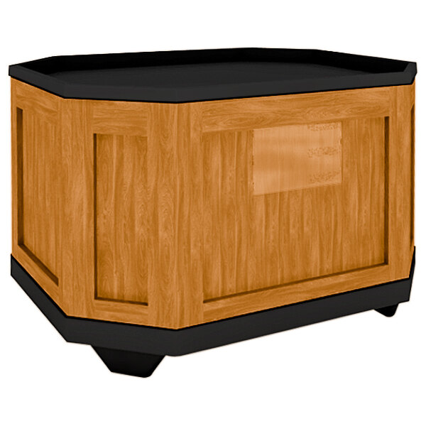A wooden octagonal Marco Company produce display bin with a black top.