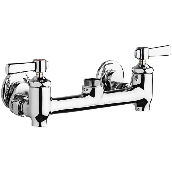 A silver Chicago Faucets wall-mounted sink faucet base with two lever handles.