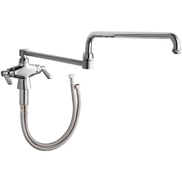 A Chicago Faucets chrome deck-mounted sink faucet with a double-jointed swing spout and hose attachment.