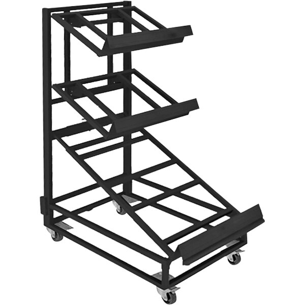 A Marco Company black metal produce display rack with four shelves.