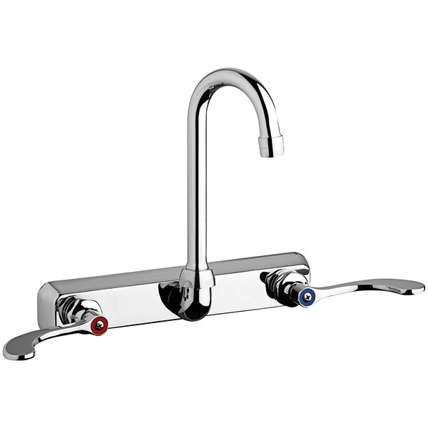 A Chicago Faucets wall-mounted sink faucet with a gooseneck spout and two knobs.