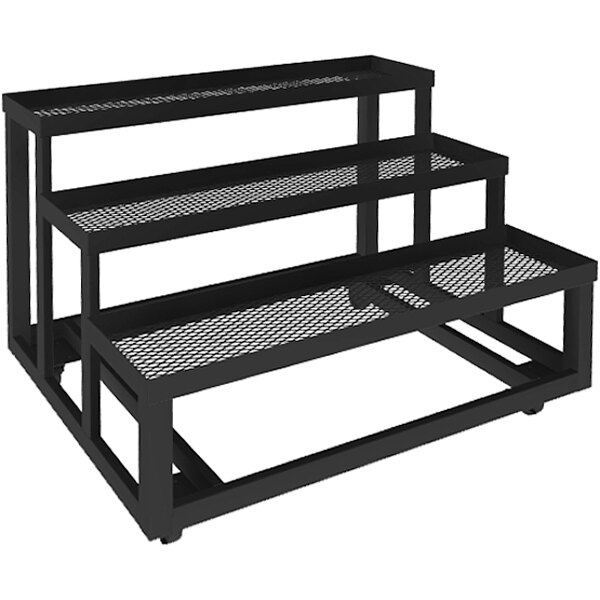 A Marco Company black metal 3-step outdoor shelving display with mesh shelves.