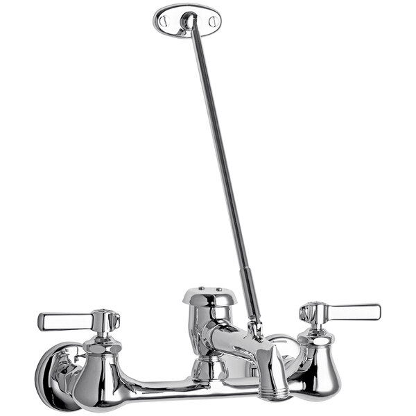 A Chicago Faucets wall-mounted mop sink faucet with chrome lever handles.