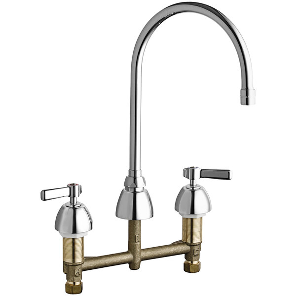 A Chicago Faucets deck-mounted sink faucet with gooseneck spout and lever handles.