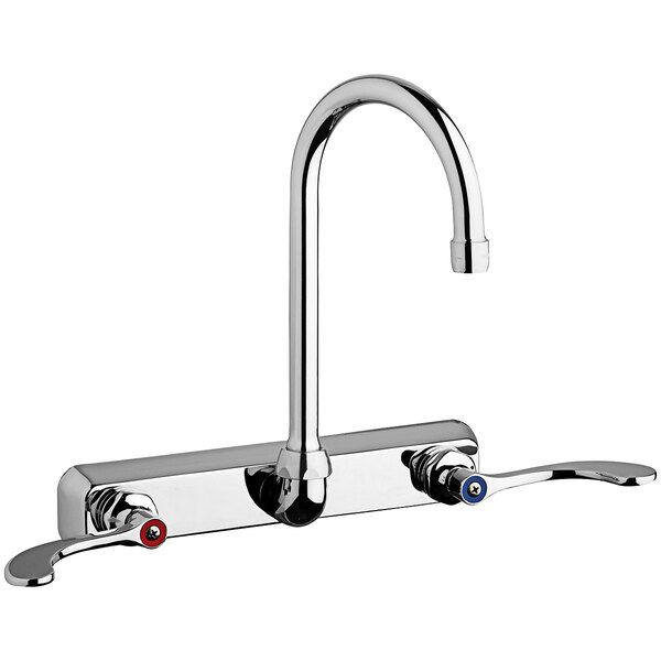A silver Chicago Faucets wall-mounted faucet with two handles.