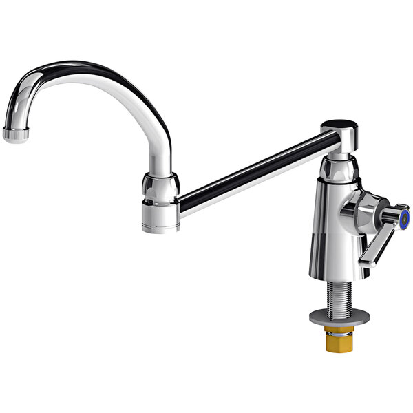 A Chicago Faucets deck-mounted sink faucet with a long double-jointed spout and a handle.