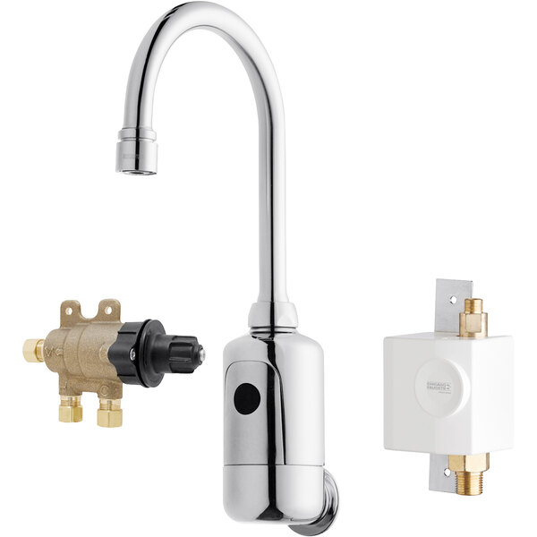 A Chicago Faucets wall-mounted electronic faucet with gooseneck spout and thermostatic mixing valve.