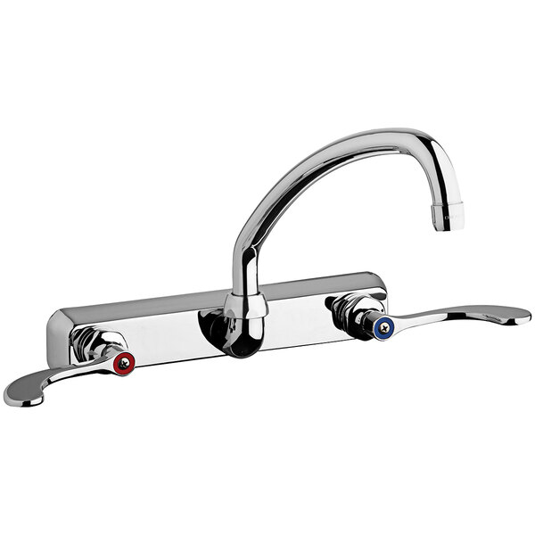 A silver Chicago Faucets wall-mounted faucet with two handles and a spout.