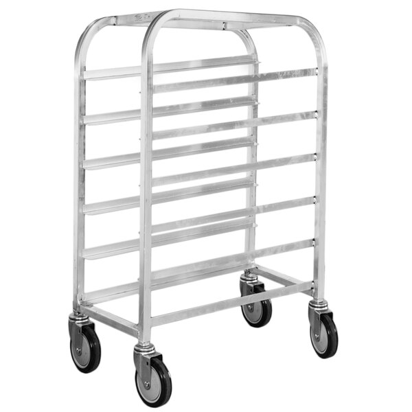 A Winholt stainless steel platter cart with black wheels.