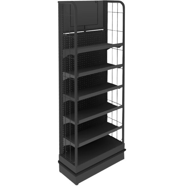 A black Marco Company refrigerator end cap display rack with 6 metal shelves.