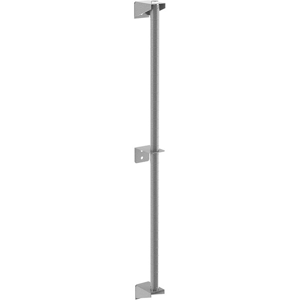 A Metro Super Erecta Metroseal 4 gray metal post with brackets attached to a wall.
