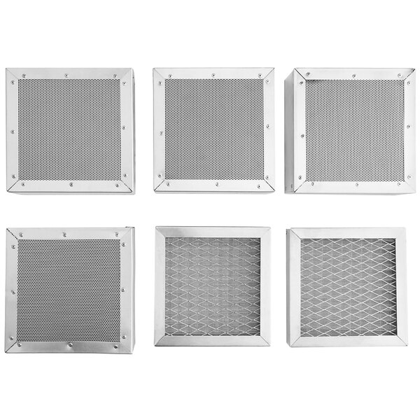 A white square metal mesh filter with screws.