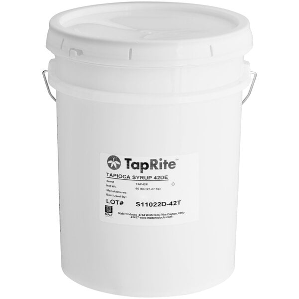 A white bucket with a white TapRite label and lid.