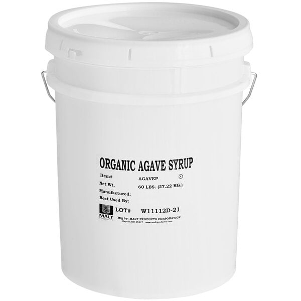 A white plastic container of Malt Products Organic Agave Syrup with a white lid.