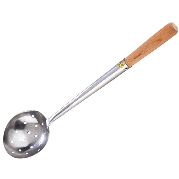A Town large stainless steel wok ladle with a wood handle.