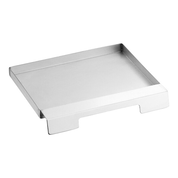 A stainless steel crumb tray with a handle.